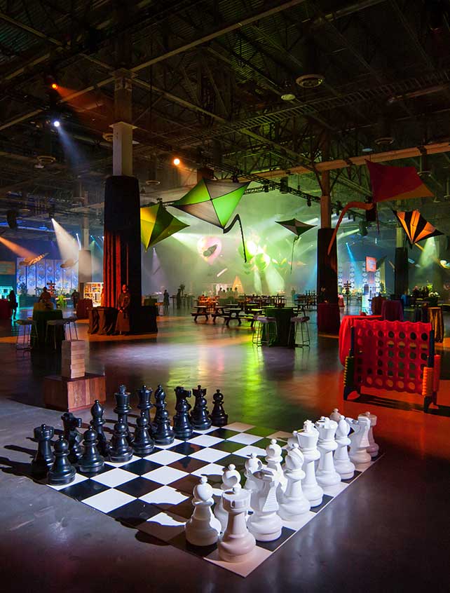 On oversized chess board in an event space
