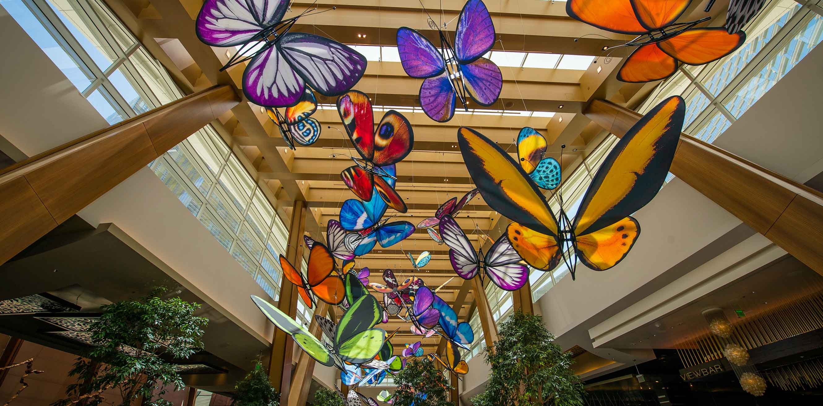 Oversized butterflies hang from the ceiling in an installation
