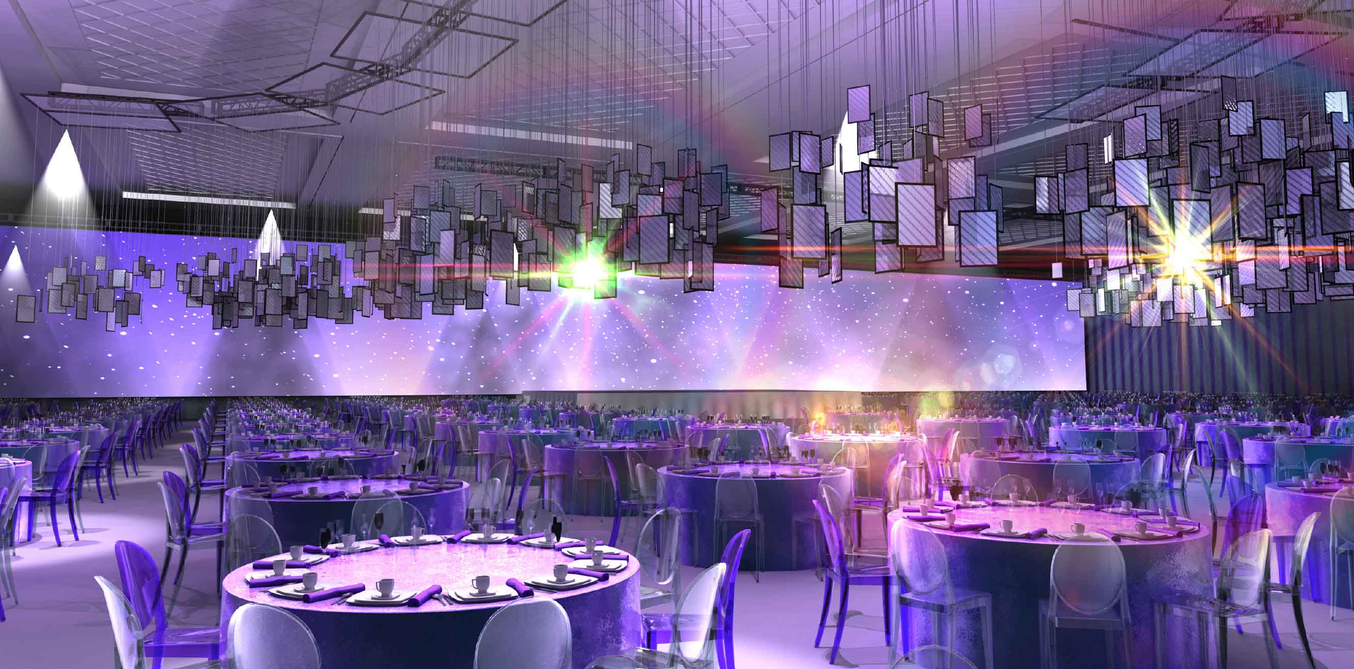 3D rendering of reception tables and lighting structures